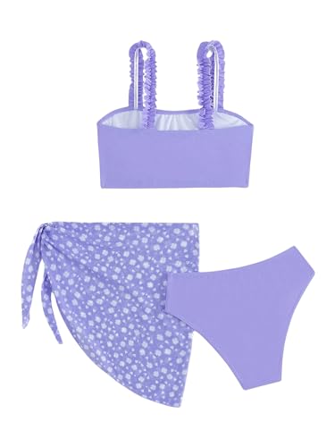 Image of OYOANGLE Girl's 3 Piece Swimsuits Ruffle Trim Wireless Bikini Set Bathing Suits with Floral Print Cover Ups Mauve Purple 9Y