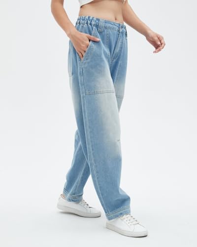 Womens Barrel Jeans High Elastic Waisted Wide Leg Boyfriend Baggy Loose Ankle Denim Pants with Pockets3