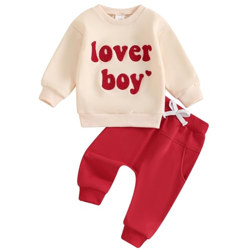 Ursobutegl Toddler Baby Boy Valentine Outfit Lover Boy Embroidery Letter Sweatshirt Pullover Tops Jogger Pants Clothes (Apricot, 3-6 Months)