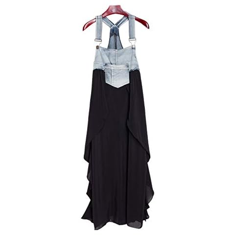 Fansu Dungaree Dress for Women, Distressed Denim Chiffon Splice Adjustable Strap Overall Girls Long Suspender Skirt Pocket Button Short Pinafore Vintage Sleeveless (3XL,Black) Cover