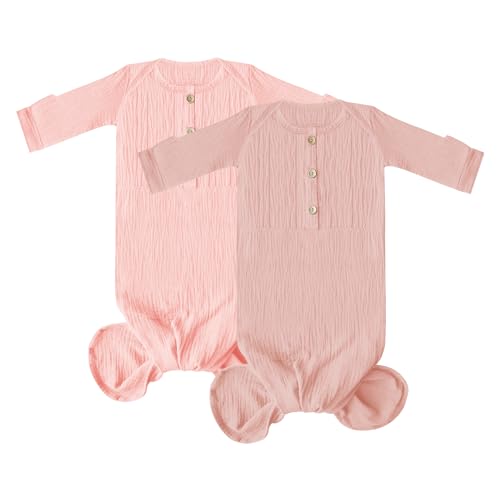 Image of Dormlony Muslin Organic Cotton Knotted Baby Gown - Soft and Stylish Sleepwear for baby outfits Newborns 0-3 months 2PACK