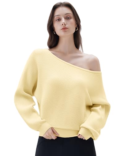 SUUKSESS Women Cashmere Blend Oversized Off The Shoulder Pullover Sweaters Boat Neck Long Sleeve Knit Jumpers Tops Fall Fashion Outfits 2025 (Yellow, M)