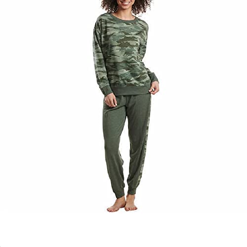 Splendid Women's 2-Piece Pajama Set Long Sleeve Crewneck Top Jogger Pants (Small, Olive Hıthr Camo)