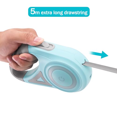 MoYouno 5 m Einziehbare Hundeleine,Strapazierfähige Hundeleine,Automatisch Ausziehbar, Für kleine,Mittelgroße und Große Hunderassen bis zu 5 m 30 kg,Ausziehbare Hundeleine mit LED-Lichtern(Mintgrün)