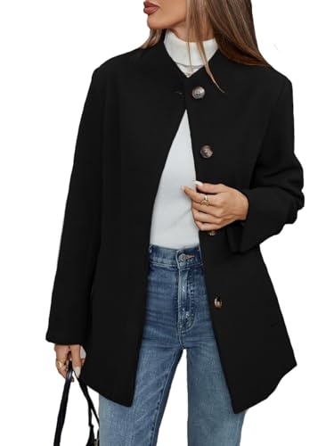Image of Jenkoon Women Winer Collarless Wool Coat Mid-Length Casual Notch Lapel Single Breasted Coat Outerwear(Black,M)