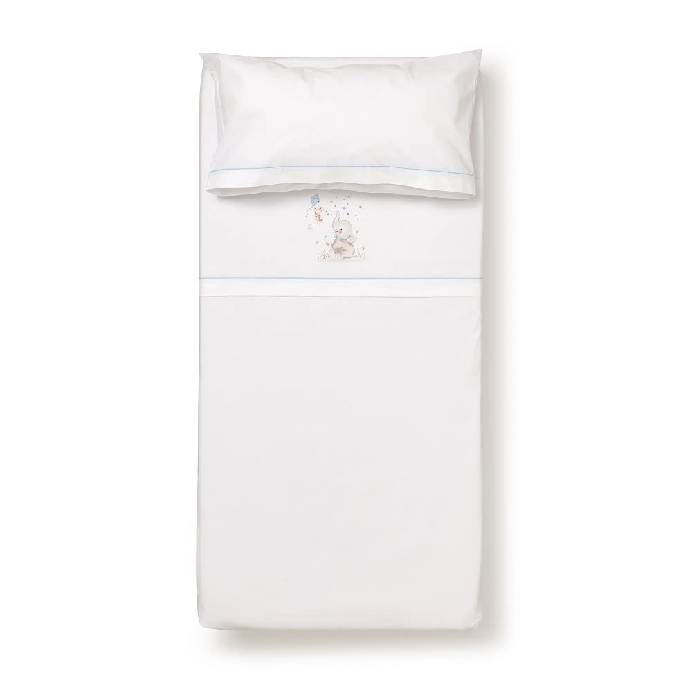 various Juego De Sábanas para Cuna 60 x 120 cm, Bebe Primavera y Otoño Tipo 100% Algodón Extrasuave Fafricado en España-INTERBABY(Bajera+encimera+Funda Almohada)-Elefante Blanco/Azul