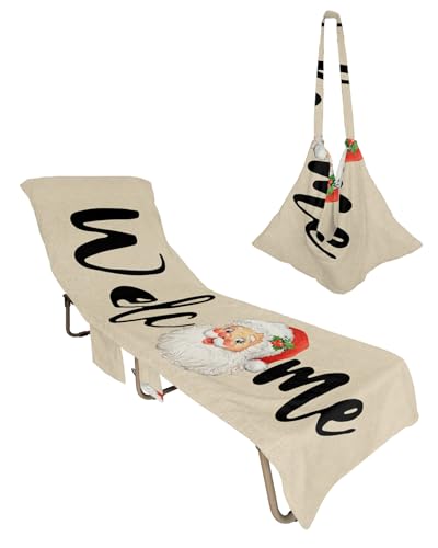 Santa, Beach Lounge Chair Towel Cover, Soft Chaise Lounge Towel with Side Pockets Patio Pool Chairs Cover for Beach/Pool Sunbathing 29x85 Merry Christmas Winter Berry Farmhouse Beige