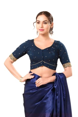 Image of Vamas Women's Art Silk Front Open Saree Blouse | Scallop Embroidered Sleeves & Yoke Designer Blouse | Stylish EthnicBlouse for Wedding & Festive Occasions