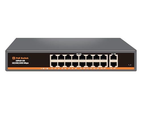 Image of 18 Port Unmanaged PoE+ Switch, 16 POE+ Ports & 2 Gigabit Uplink Ports, IEEE 802.3af /at Compliant, Up to 250W Power, 250m Extended Distance, Metal Design, Plug & Play