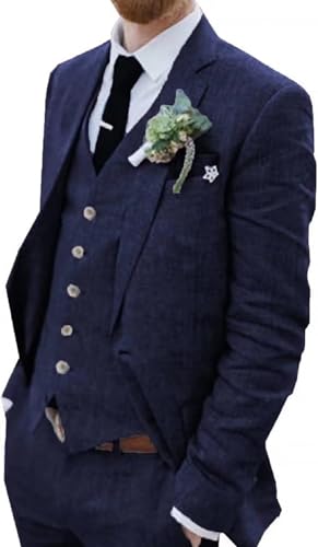 Yarizm Retro Linen 3 Pieces Suit Vintage Retro Wedding Prom Suits Slim Fit Jacket Blazer Groom Tuxedos