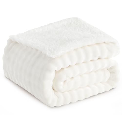 RUIKASI Bubble Sherpa Fluffy Throw Blanket Double - White Winter Blanket Double Bed Thick Warm Throw for Sofa Double/Twin Size 150x200 cm