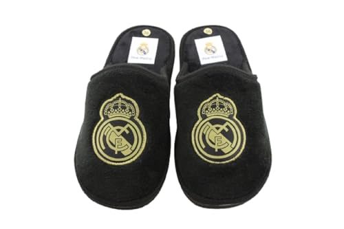Zapatillas Casa Real Madrid para Hombre y niño Color: Negro Talla: 42 - Equipo futbol Escudo Real Madrid con licencia oficial. Fabricadas por Marpen.