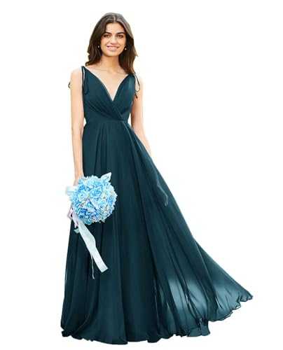 Image of HSFIYAKJ Bridesmaid Dresses Long Chiffon Formal Dress Open Back V Neck Evening Prom Gown for Women with Pockets