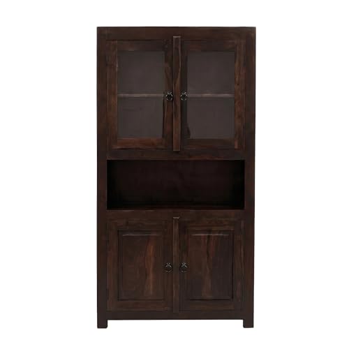 Image of SONA Art & Crafts Wood Crockery Cabinet with Glass Door | Wooden Book Shelf Cabinet with Storage Rack for Home & Office Living Room (Walnut Brown)
