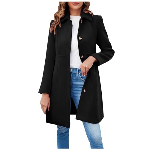 FUPODD Wintermantel Damen Lang Wolle Elegant Trenchcoat Wollmantel Winter Mantel Frauen Mit Knöpfen Windjacke Damenmantel Einfarbig Windbreaker Tweed Jacke Schlanke...