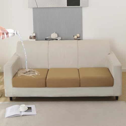 Image of HOKIPO 100% Waterproof Elastic Individual Seat Cushion Cover, 3-Piece Sofa Cushion Cover, Camel (NEW-AR-5352-CML*3)