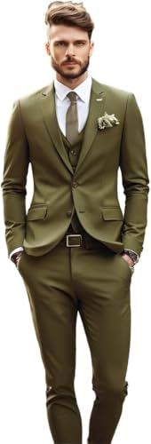 Generic Men's Olive Green 3 Piece Suit Slim fit Solid Two Button Wedding Suit Blazer Vest Pant Set