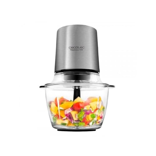 Cecotec 3043 Picadora Eléctrica TitanGlass 1000. Multifuncion (Pica, Tritura, Pulveriza, Trocea), Cuchillas Recubrimiento Titanio Desmontables, Capacidad 1l, Vidrio Resistente, 400 W