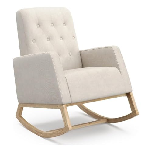 Image of Storkcraft Northern Lights Premium Upholstered Nursery Rocking Chair (Ivory with Natural) – Stylish & Supportive Nursery Chair with Natural Wood Rocker Base, Premium Button Tufting for Classic Style