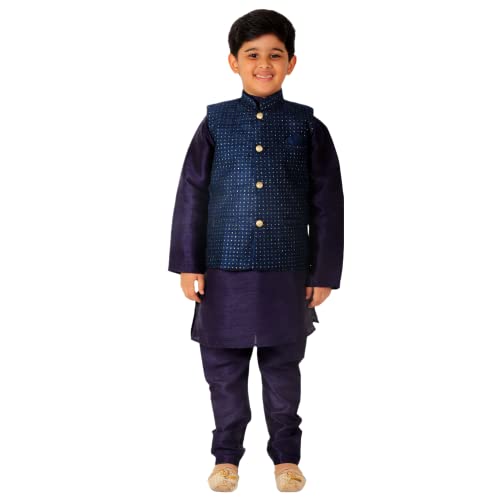 Image of Pro-Ethic Style Developer Kurta Pajama For Kids Boys With Waistcoat | Silk | Floral | Traditional Dress (S-200)