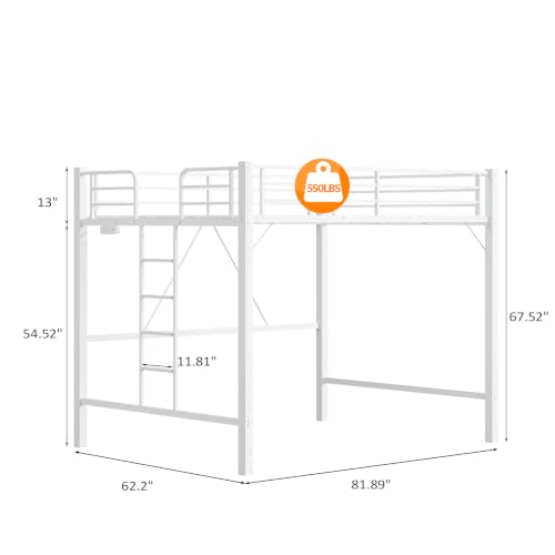 Image of VINGLI Loft Bed Queen Size with Charging Station and LED Lights,Safety Guardrail and Stair for Teens /Adults, No Box Spring Needed, Heavy Duty Metal Support Slat, White