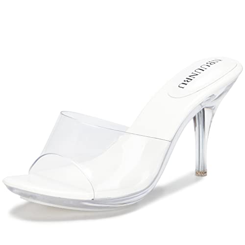 Image of NBUUNBU Silver Clear Heels For Women Dress Shoes Transparent Strap Sexy Stilletos Heels Open Toe High Silver Heeled Sandals Pump Mules