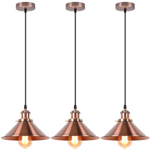 iDEGU Let de 3 Suspensions Luminaires Vintage E27 Lustre Industriel Design Edison 22cm Luminaire Plafonnier Abat-jour en Métal Retro Lampe Suspension pour Salle à...