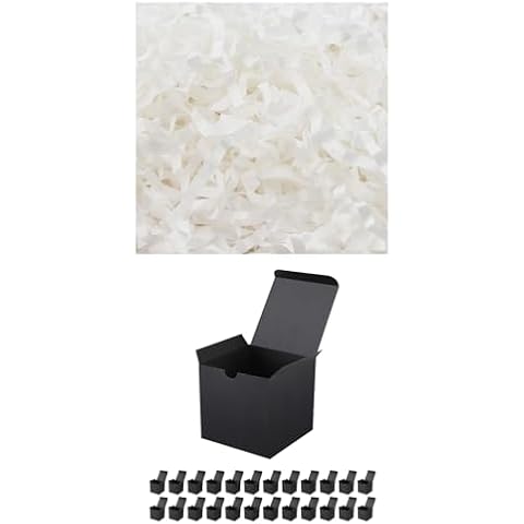 JINMING 25 Small Black Gift Boxes 3x3x3 Inches, and 1 LB White Crinkle Cut Paper Shred Filler Cover