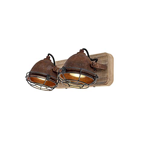 Qazqa Plafón industrial óxido madera orientable 2-luces - GINA/Acero Alargada Adecuado para LED Max. 2 x 25 Watt