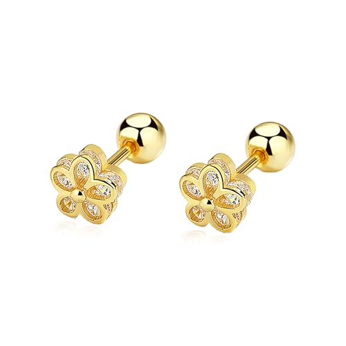14K Gold Plated Flower Stud Earrings for Women Sterling Silver Hypoallergenic Cubic Zirconia Earrings, Trendy Dainty Cute Screw Back Ear Studs Minimalist Everyday Wear
