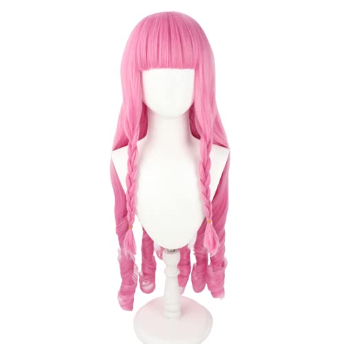 Anime Cosplay Wig 80cm Long Pink Curly Hair Wigs Heat Resistant Synthetic Hair Party Woman Wigs + Wig Cap (A)