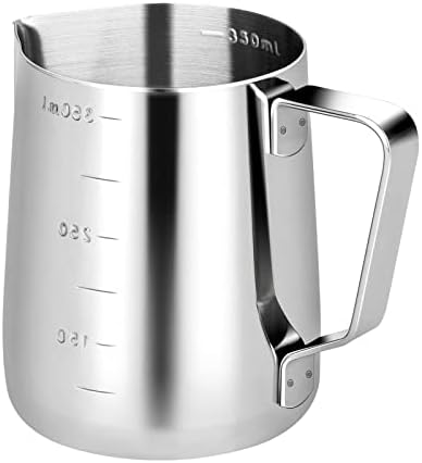Trintion Milk Jug 350ml (12oz) Stainless Steel Milk Frothing Jug Handheld Milk Pitcher with Measurement Mark for Making Coffee Cappuccino and Latte