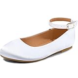 K KomForme Girl's Ballerina Flat Ankle Strap Dress Ballet Flat Shoes (Toddler/Little Kid/Big Kid) for Wedding Party School White/Satin