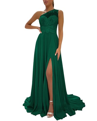 Image of LANGKAAO One Shoulder Lace Bridesmaid Dresses Long for Wedding A-Line Chiffon Slit Formal Party Gown with Pockets
