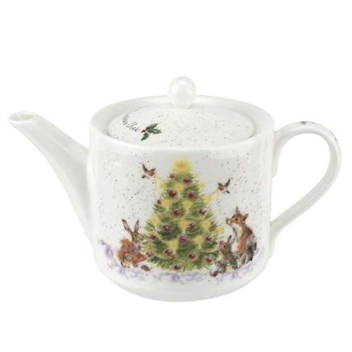 Spode Royal Worcester Oh Christmas Tree 16 Oz Teapot - Fine Bone China Tea Pot - Hand-Painted Woodland Critters, Dishwasher & Microwave Safe, Ideal Modern Teapot for Holiday Gatherings