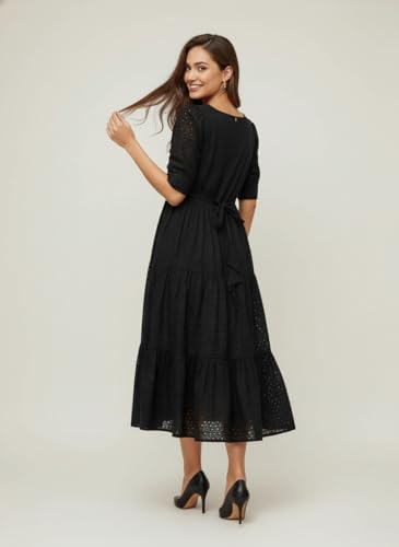 Image of Her Couture Cotton Midi Schiffli Embroidered Dress with Attached Belt