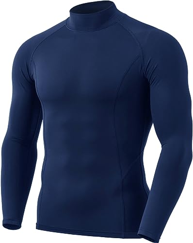 TSLA Men's Thermal Long Sleeve Compression Shirts, Mock/Turtleneck Winter Sports Running Base Layer Top, Heatlock Mock Neck Navy, XX-Large