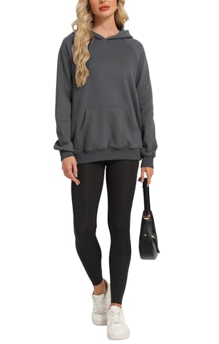 Timuspo Hoody Damen mit Kapuze Sport Langarm Kapuzenpullover Bequeme Oversize Sweatshirt Einfarbig Pullover Winter Y2K Oberteile Langarm Dunkelgrau M