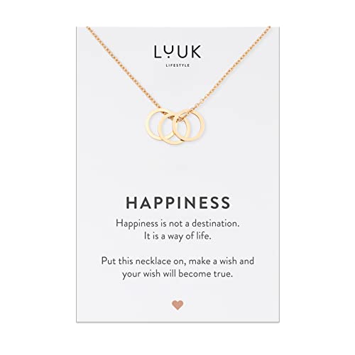 LUUK LIFESTYLE Collar de acero inoxidable sencillo con tres anillos colgantes, joyería para mujer con tarjeta mensaje HAPPINESS para regalo, colgante mujer acero, dorado