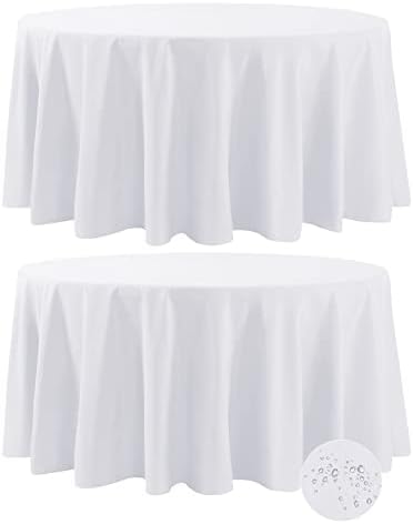 Fokitut 2 Pack Waterproof Round Tablecloth, 120 Inch, Stain Resistant and Wrinkle Polyester Table Cloth, Fabric Table Cover for Kitchen Dining, Wedding, Party, Holiday Dinner-White
