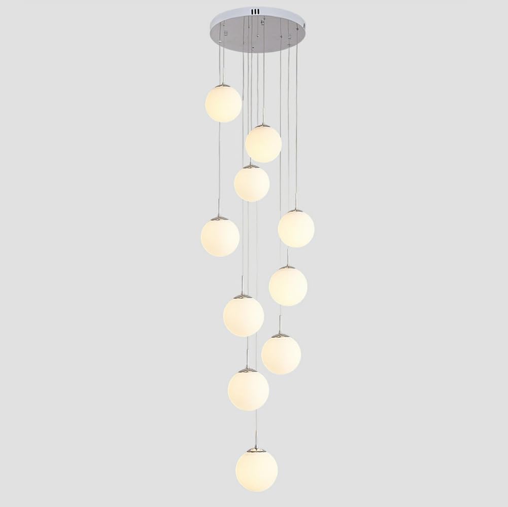 BIANBHUO 10 Glass Decorate Balls Staircase Chandelier Long Pendant Light High Ceilings Foyer Entryway Chandelier Chrome White Milk Glass Mid Century Modern Hanging Lamp with Compatible with Living