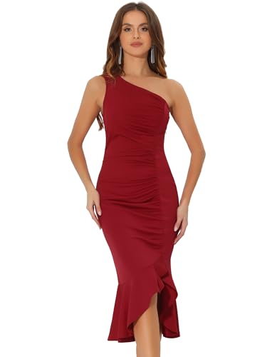 Allegra K Damen Sexy Kleid Rüschen Festlich Party One Shoulder Ärmellos Gerüscht Fishtail Midi Kleider mit Schlitz Rot XL