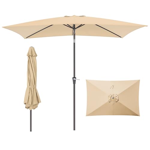 Rectangular Patio Umbrella 6.5 x 10 ft Rectangle Table Umbrellas w/Heavy Duty Ribs Effortless Crank and Push Button Tilt Wind Resistant Sun Umbrella for Outdoor Patio Beige