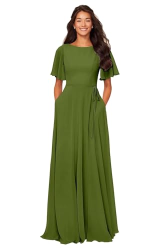 Image of petyoo Chiffon Flutter Sleeve Bridesmaid Dresses with Pockets Sash Long A Line Formal Dress