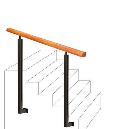 Corrimano Scala Ringhiera di Sicurezza Ringhiera per Scale Interne/Gradini in Cemento Balaustra in Legno+Palo in Ferro e Metallo Nero, Montaggio Laterale Corridoio Loft Balcone Ringhiere per Terrazze