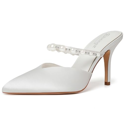 RIBONGZ Slip On Stiletto High Heels for Women Closed Pointed Toe Mule Kitten Herls with Pearl Strap Sexy Backless Dress Wedding Party Daily Prom Pump Shoes