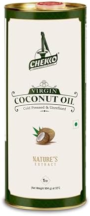 Chekko Cold Pressed Virgin Coconut Oil 1 Litre | 100% Pure Natural Wood Pressed | Unrefined Virgin Edible Coconut Oil for Cooking, Baking, Hair & Skin Care | Premium Food-Grade Metal Tin Pack