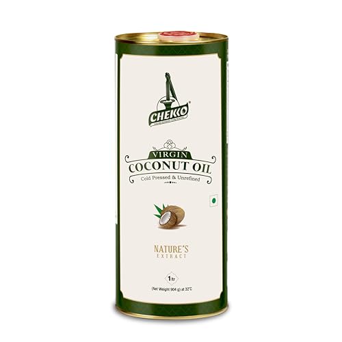 Image of Chekko Cold Pressed Virgin Coconut Oil 1 Litre | 100% Pure Natural Wood Pressed | Unrefined Virgin Edible Coconut Oil for Cooking, Baking, Hair & Skin Care | Premium Food-Grade Metal Tin Pack
