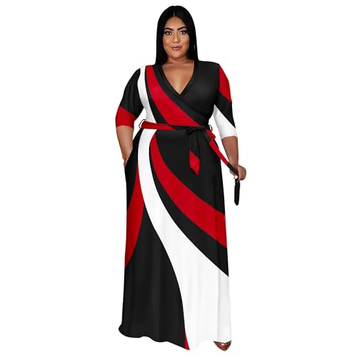 Image of Runwind Plus Size Dresses for Women Floral Maxi Dress Flowy 3 /4 Sleeve with Belt