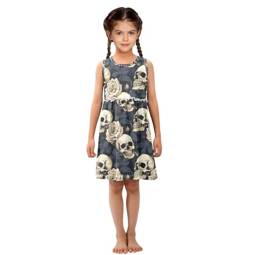 ALAZA Sugar Skull Leaves Halloween Girls Toddler Casual Dress for Summer Sleeveless Dresses Sundress 2-8 Years4